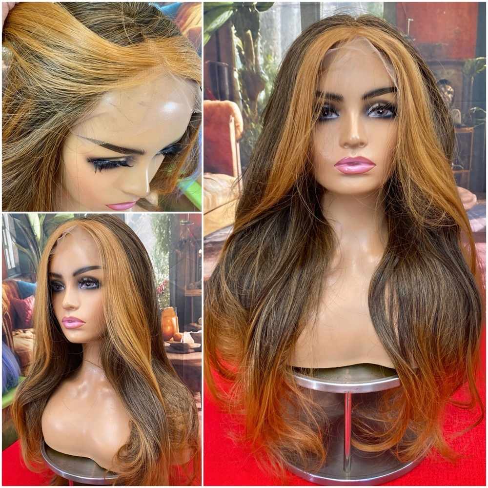 Invisible lace front wig ginger brunette chunky highlights